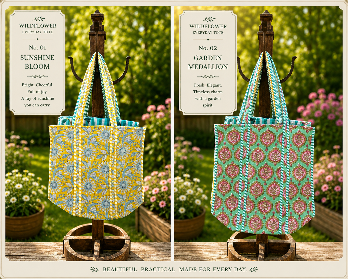 Hand Made Block Printed Quilted Cotton Tote Bags