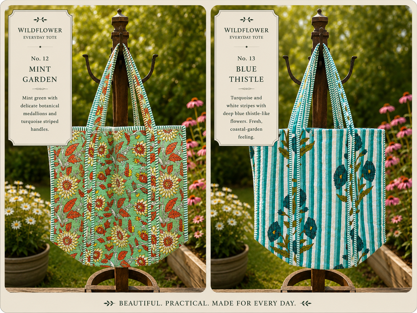 Hand Made Block Printed Quilted Cotton Tote Bags
