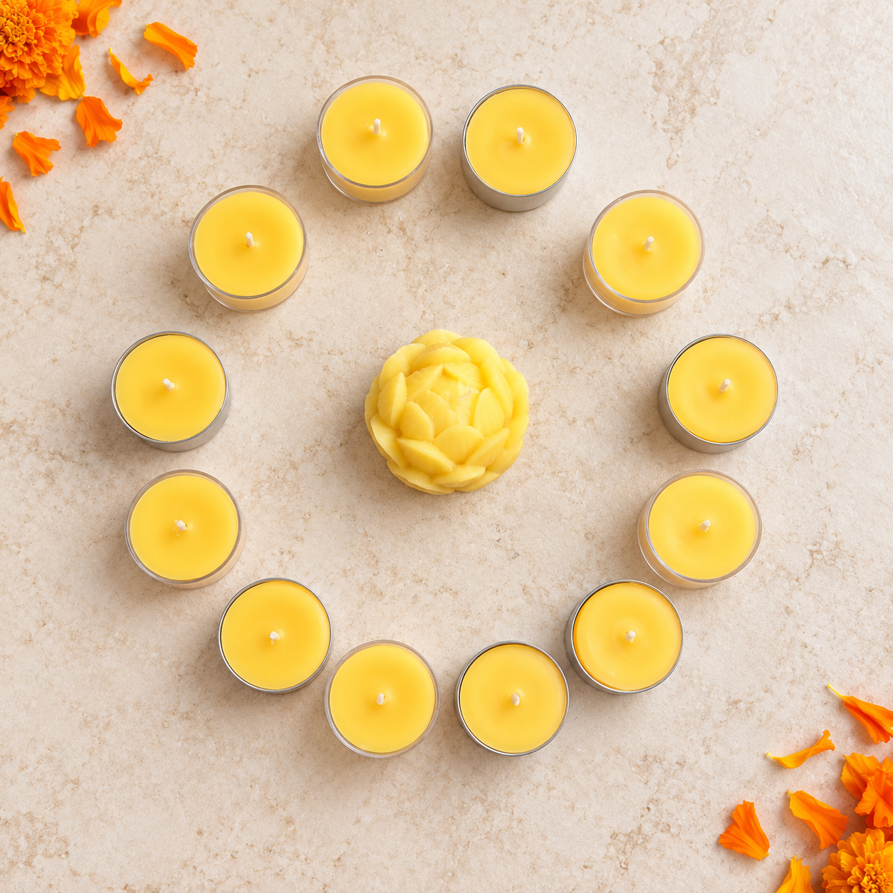 Beeswax tea lights arranged for a Diwali Festival of Lights display