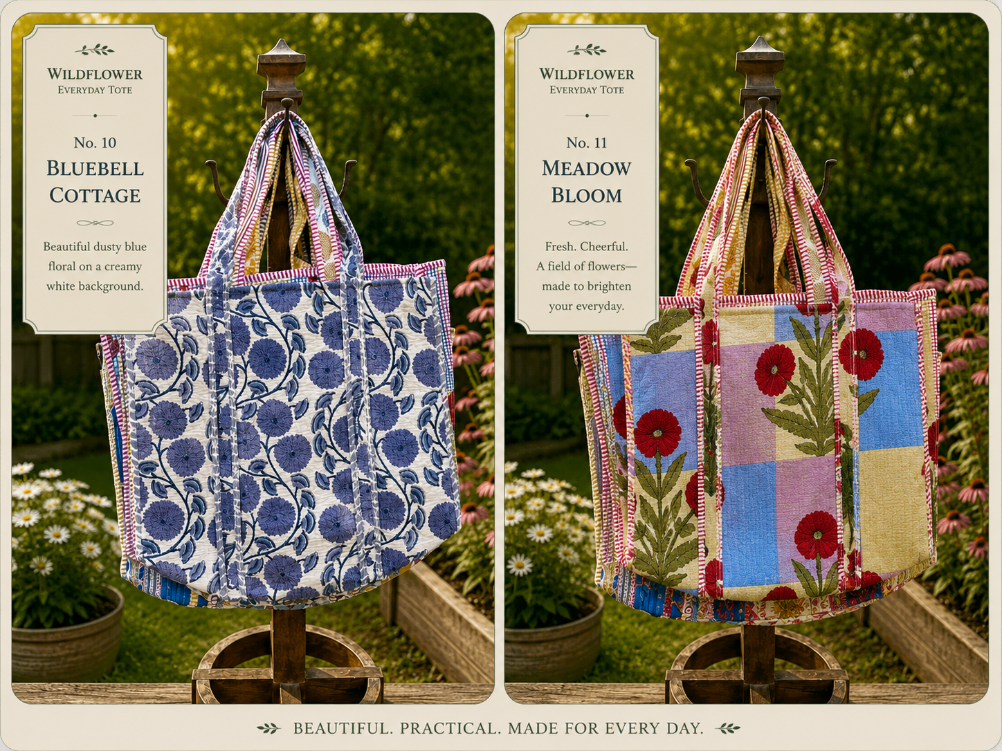 Hand Made Block Printed Quilted Cotton Tote Bags