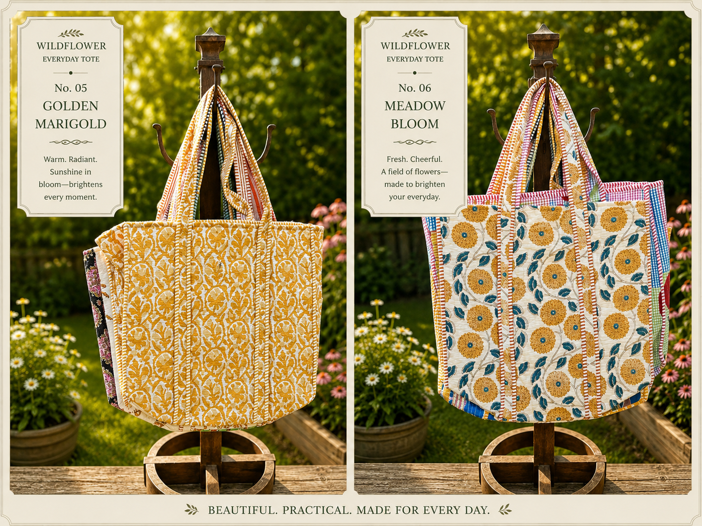 Hand Made Block Printed Quilted Cotton Tote Bags