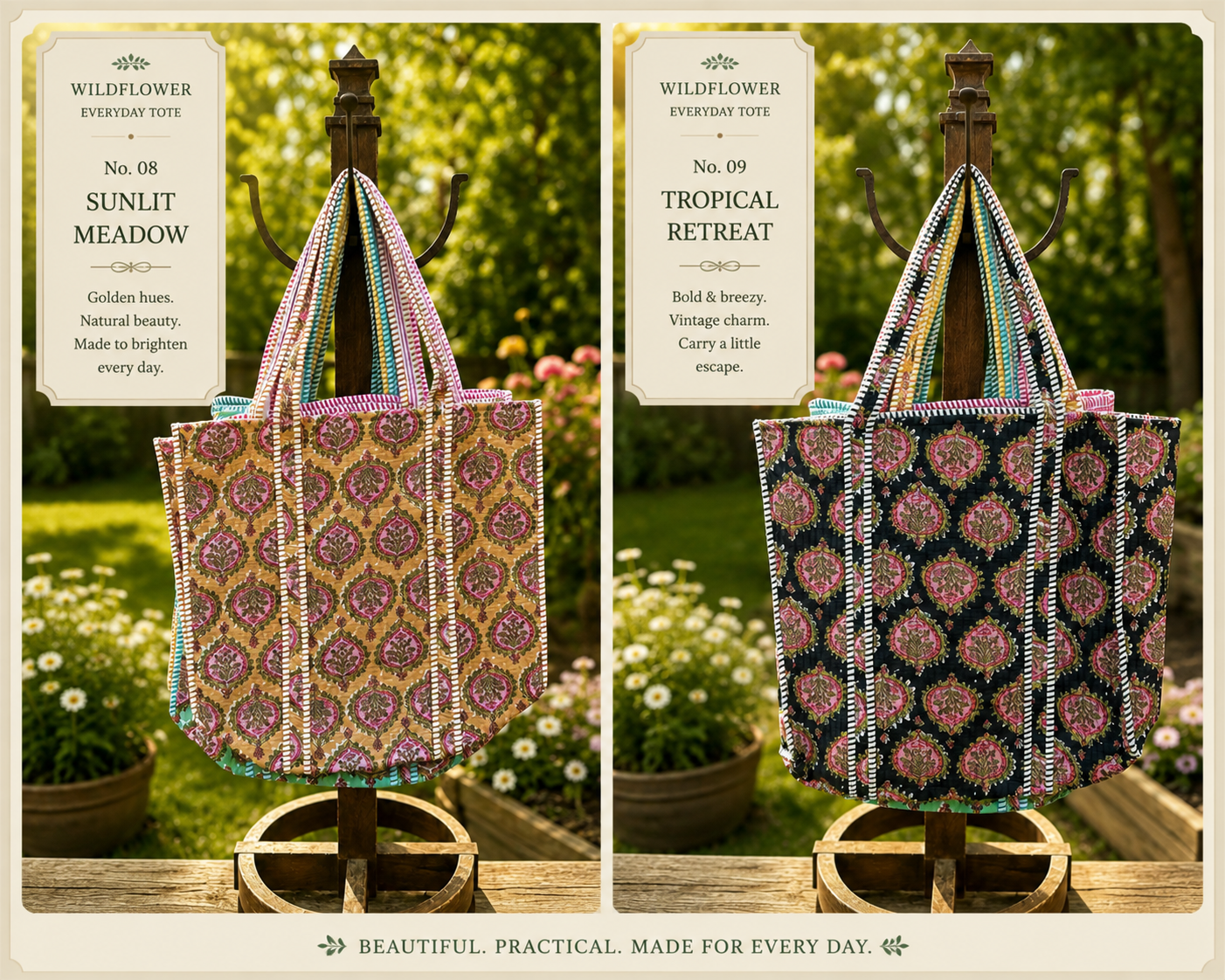 Hand Made Block Printed Quilted Cotton Tote Bags