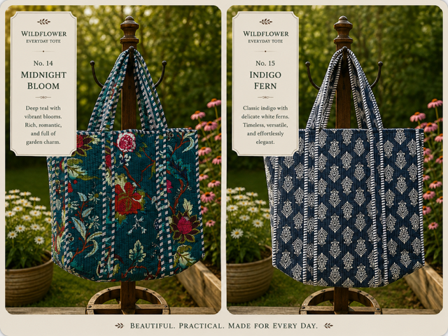 Hand Made Block Printed Quilted Cotton Tote Bags